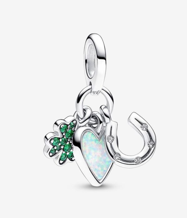 Charm Colgante Triple de Trébol de Cuatro Hojas, Corazón y Herradura