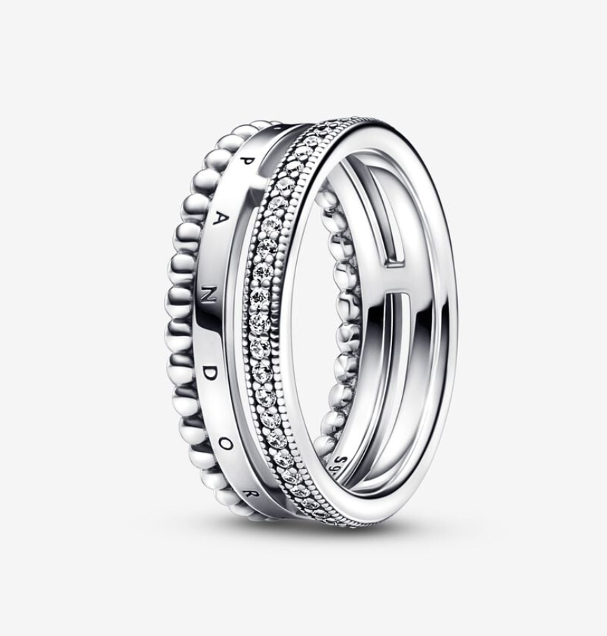 Anillo Pandora Con Logo De Pavé Y Cuentas